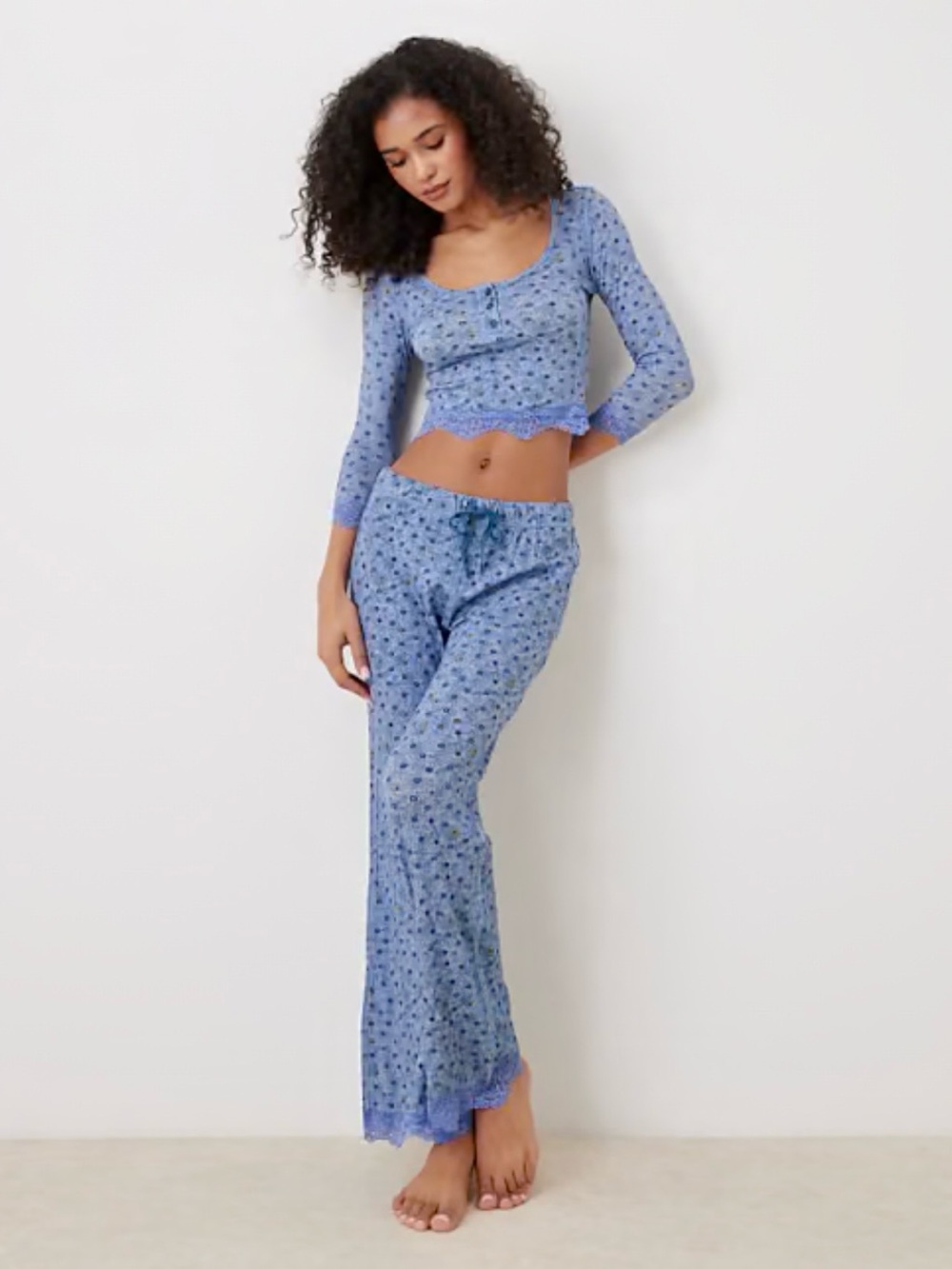 Free People Sky Blue Floral Lace-Trim Pajama Set